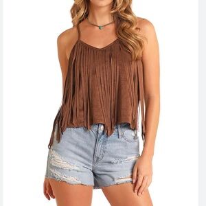 Rock&Roll Denim Brown Microsuede Fringe Tank Top Women Large NWT Boho Festival